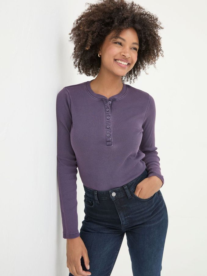 Hettie Purple Rib Henley Top (E50597) | £20