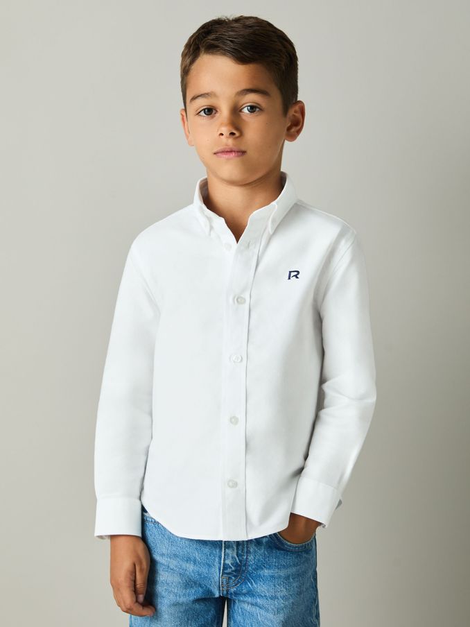 3-9 yrs Cotton-Oxford Embroidered Button-down Shirt in White/Navy (E50680) | £20