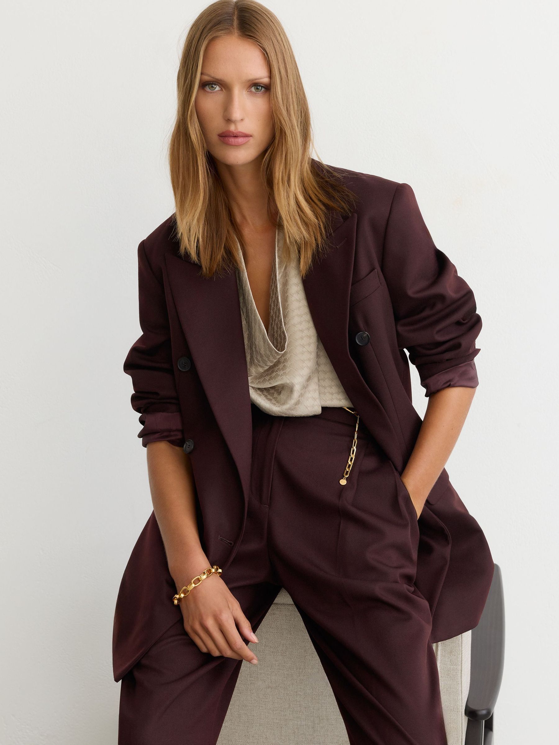 Dark Aubergine - Wool-blend Double-breasted Oversized Suit Blazer