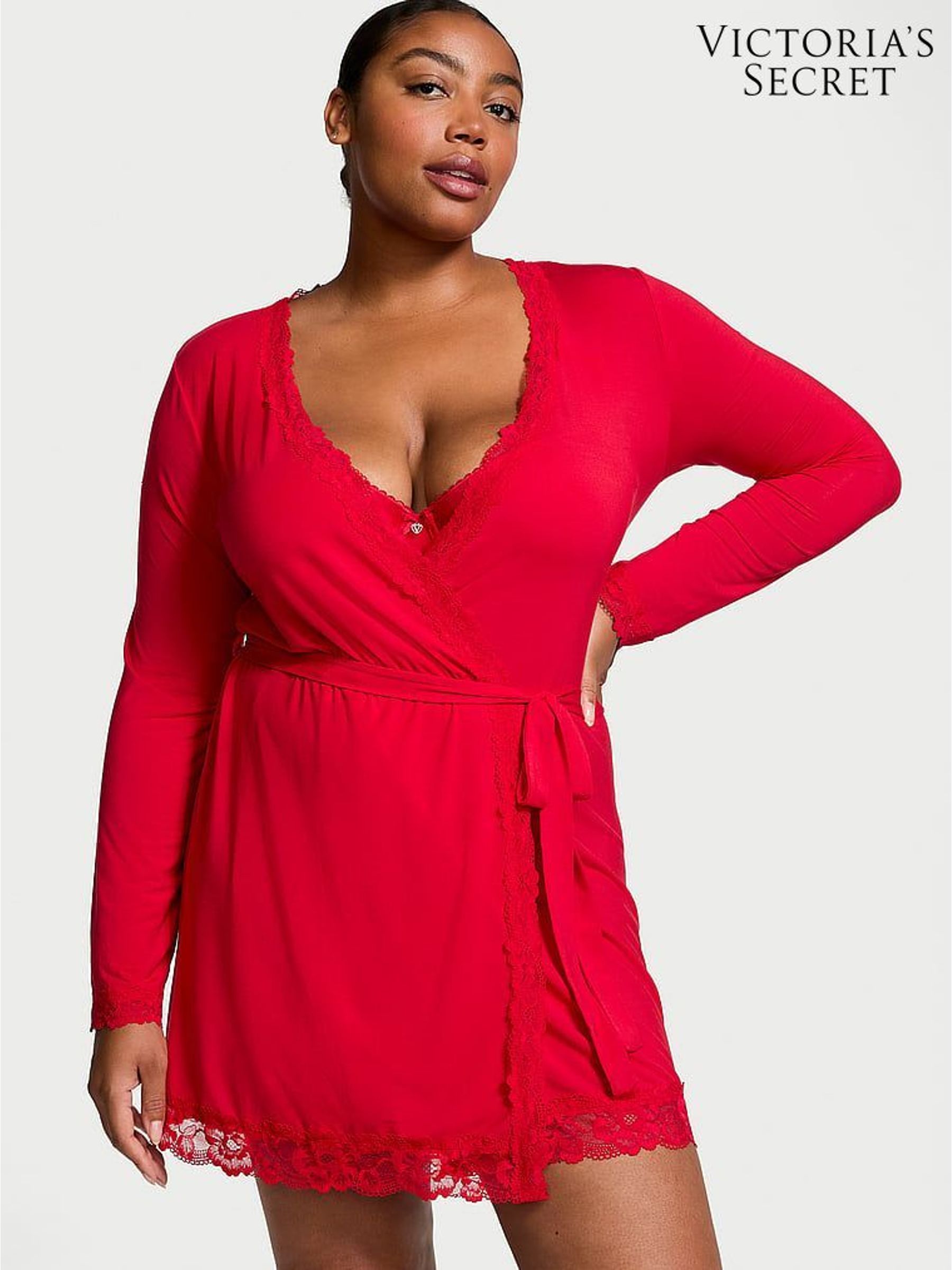 Lipstick Red Modal Lace Trim Robe (E51864) | £49