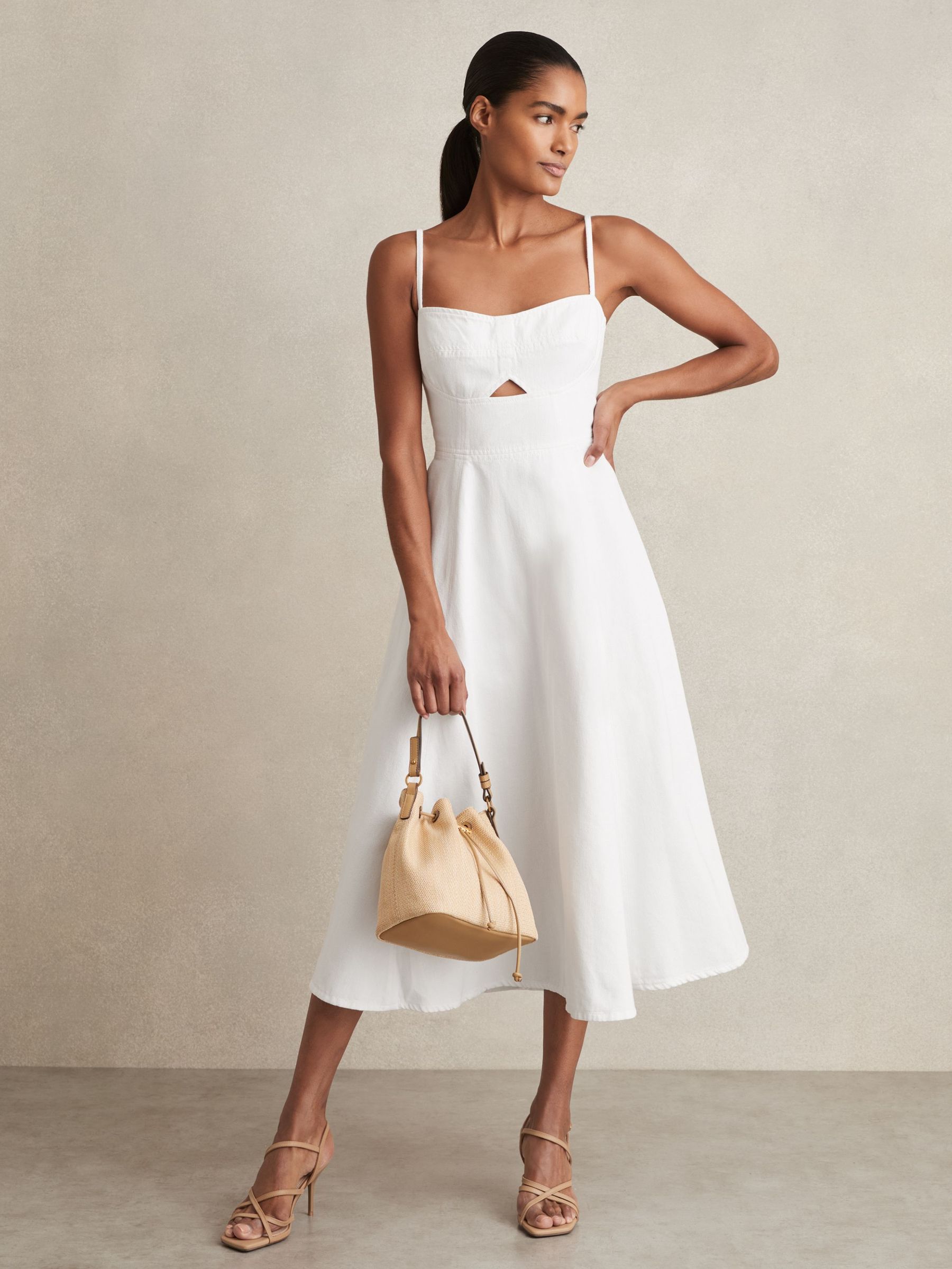 Denim Fit and Flare Midi Dress in White (E52508) | £238