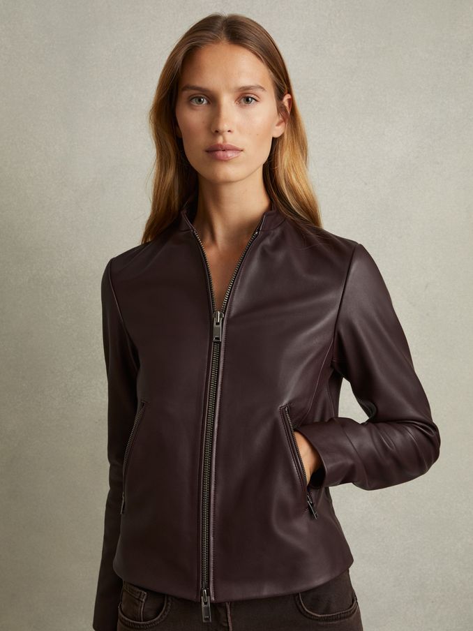Leather Collarless Biker Jacket in Berry (E54481) | £328