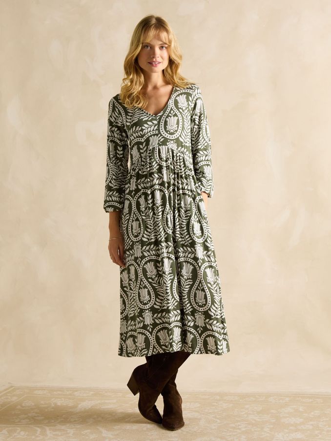 Nia Khaki Green V-Neck Long Sleeve Midaxi Dress