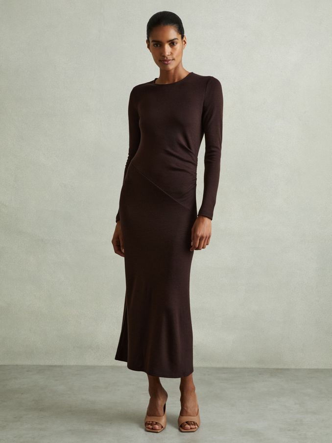 Wool Ruche Detail Midi Dress in Berry (E57242) | £56