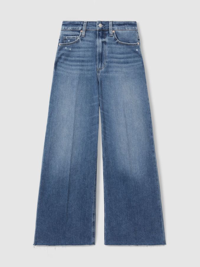 Paige Wide Leg Raw Hem Cropped Jeans in Rock Show Blue (E58326) | £260