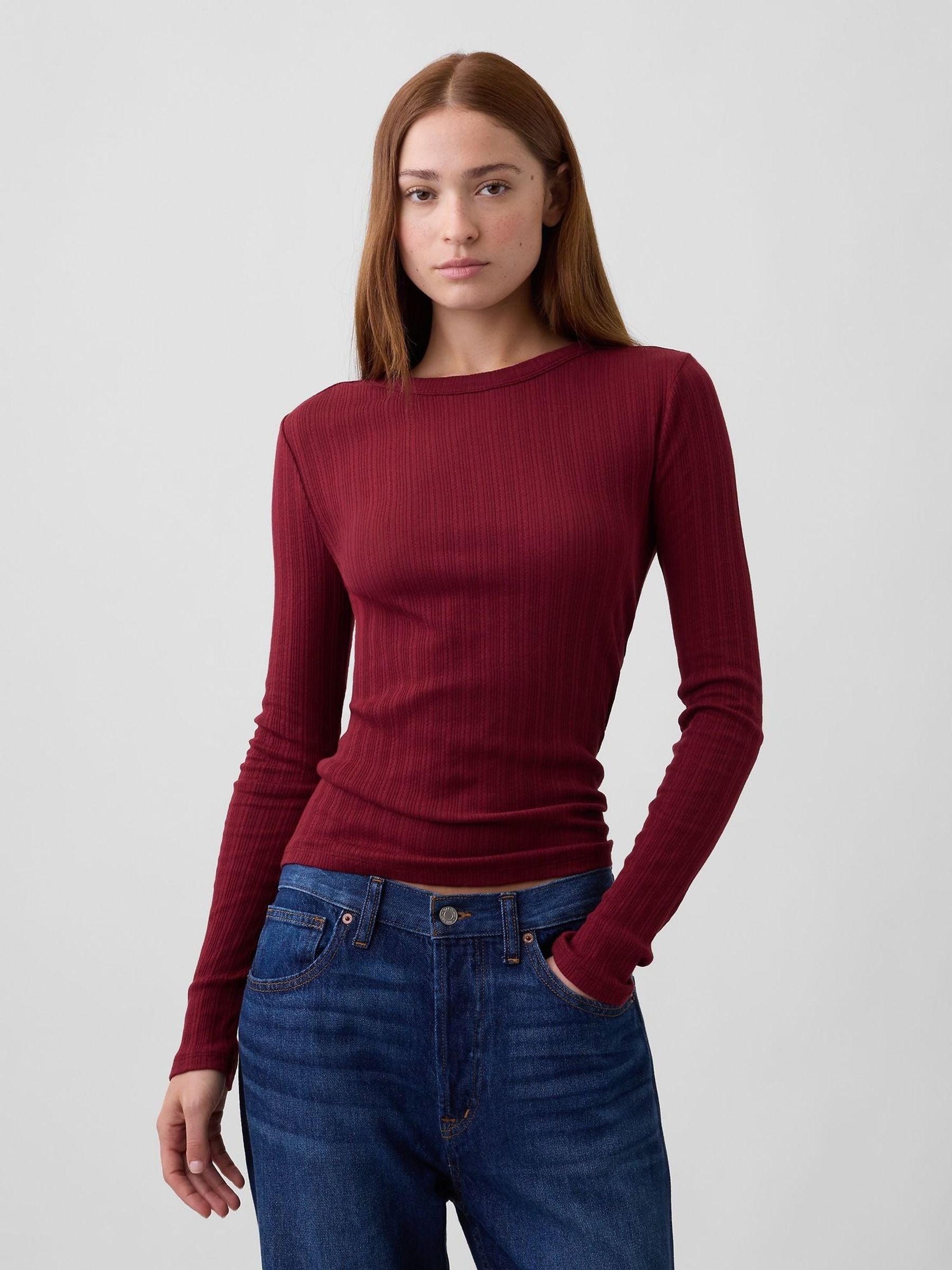 Burgundy - Essential Ribbed Pointelle Long Sleeve T-shirt
