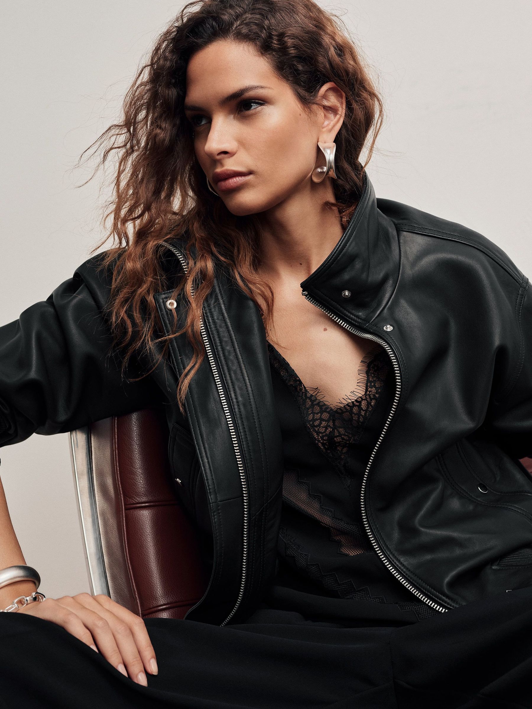Black - Leather Funnel-neck Bomber Jacket