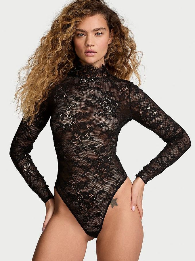 Black Lace Long Sleeve Bodysuit (E59892) | £59