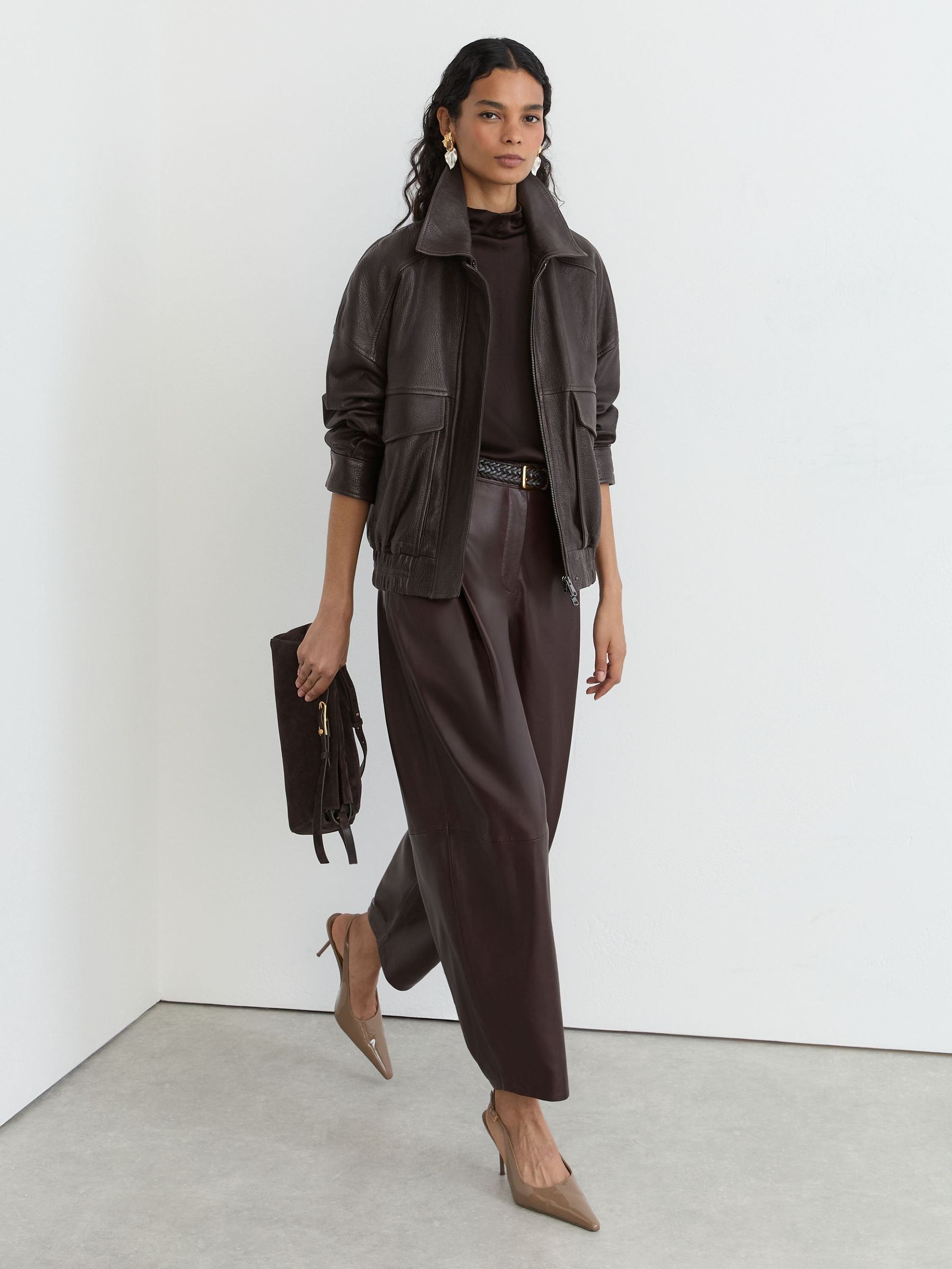 Ebony Brown - Grained-leather Twin-pocket Relaxed Jacket