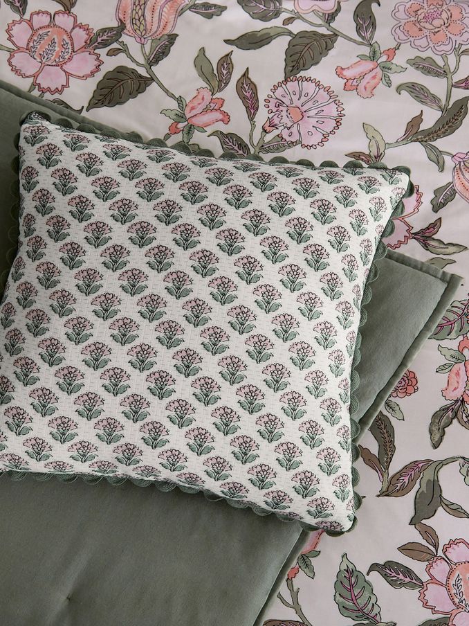 Indienne Green 100% Cotton Printed Cushion (E60089) | £40