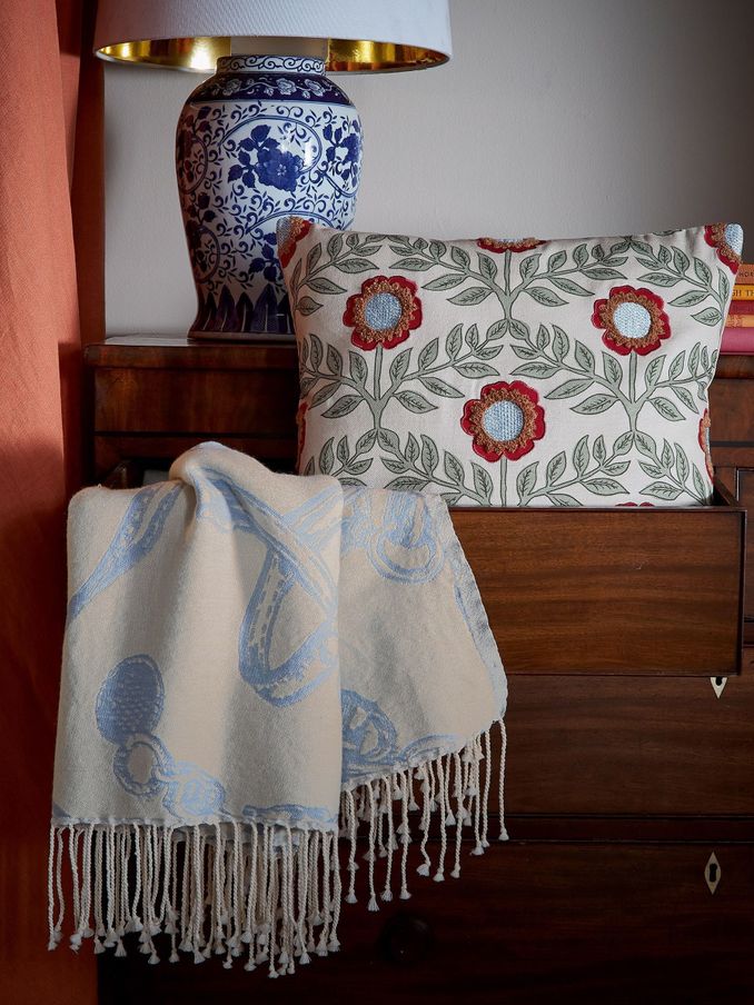 Bridle Print Blue & Cream Tassell Throw (E60408) | £150