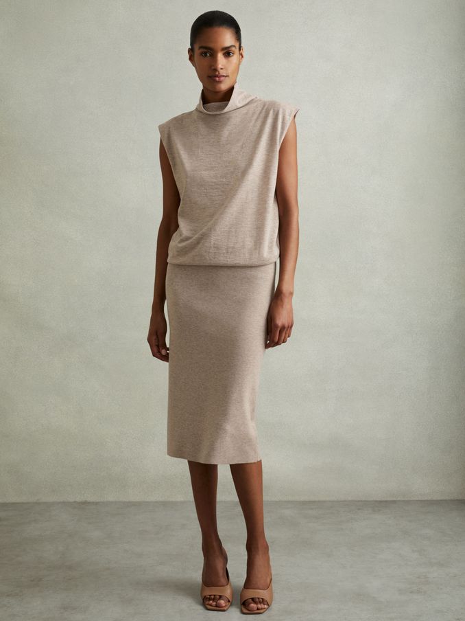 Knitted Wool-Cashmere Blouson Top Midi Dress in Neutral (E61234) | £59