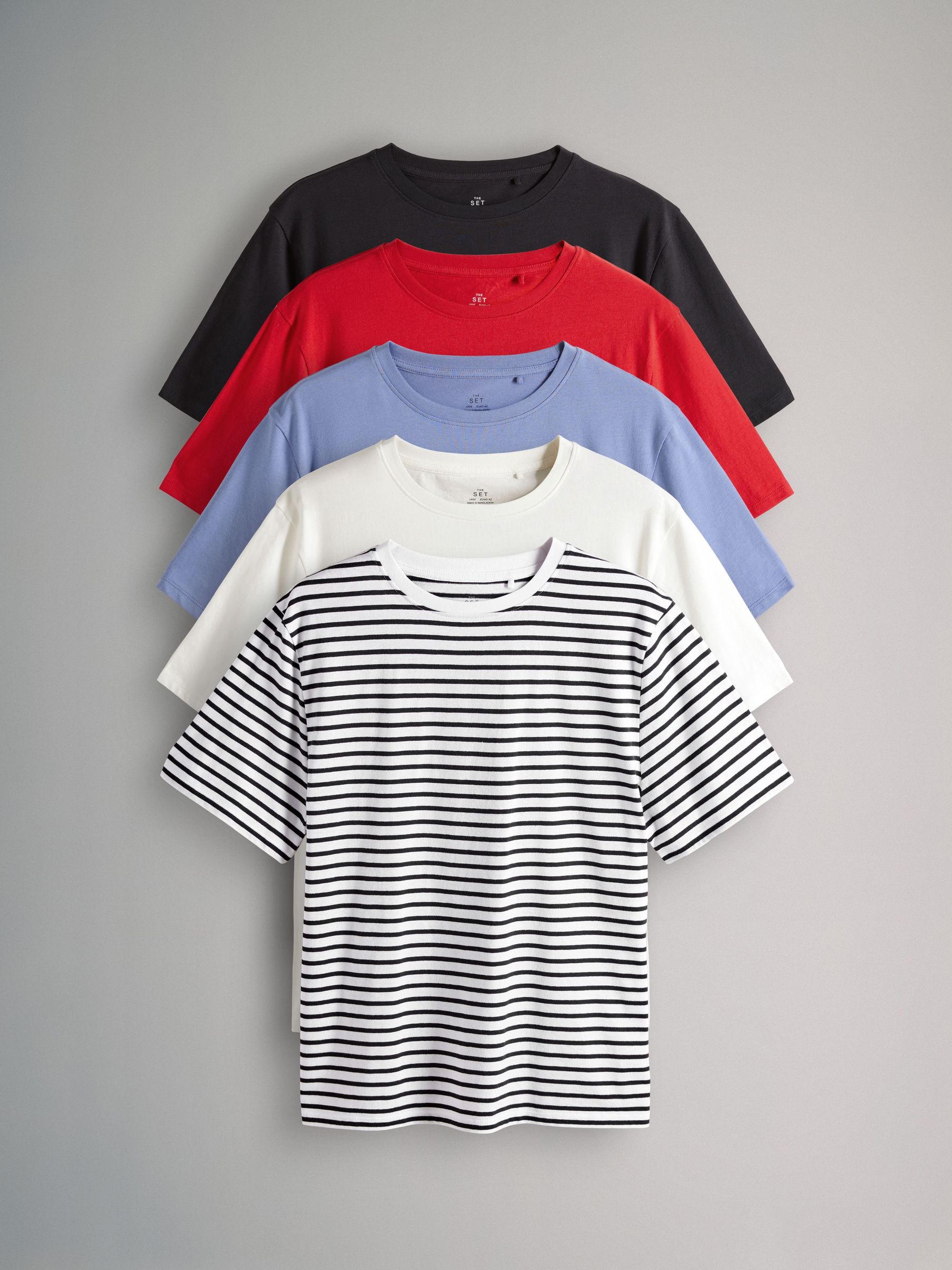 Navy Blue/Blue/Red/Cream/Navy&White Stripe - 5 Pack Relaxed T-Shirts (E61644) | £25