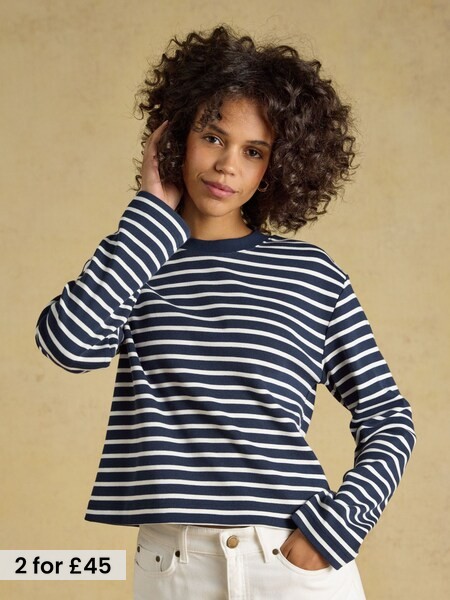Navy & Cream Striped - Boxy Crew Neck Jersey Top