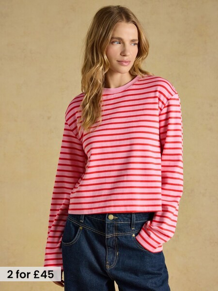 Pink & Red Striped - Boxy Crew Neck Jersey Top