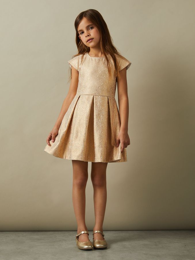 4-9 yrs Metallic Pleated Cap Sleeve Dress in Gold (E63078) | £30