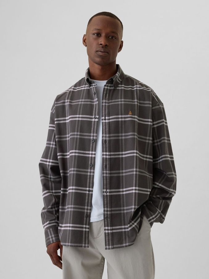 Dark Grey Check Bear Long Sleeve Oxford Shirt (E66045) | £21