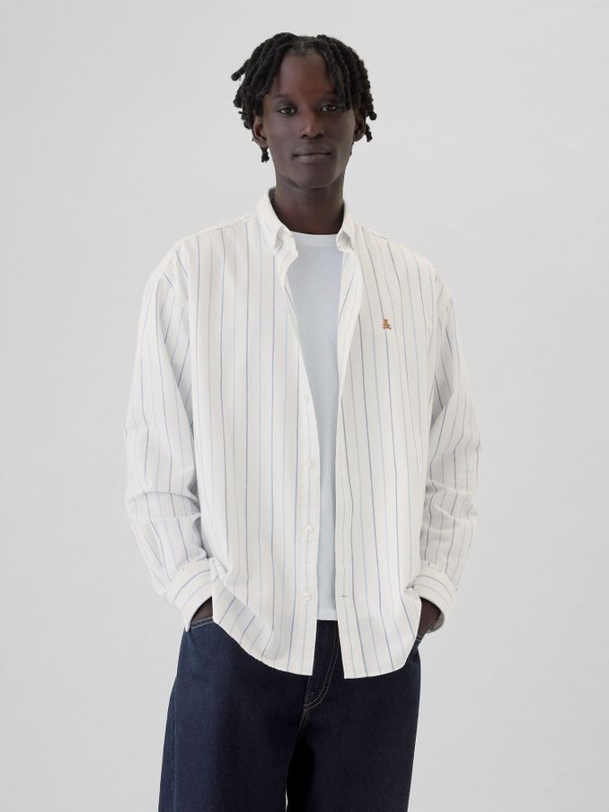 White Stripe Bear Long Sleeve Oxford Shirt (E66046) | £21