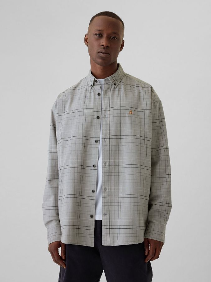 Light Grey Check Bear Long Sleeve Oxford Shirt (E66047) | £21
