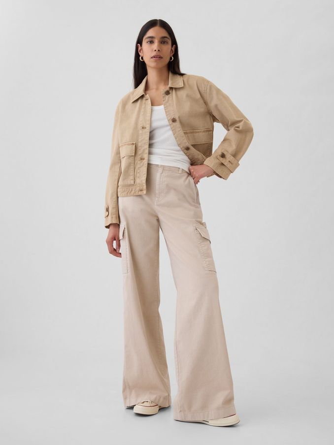 Beige Mid Rise Cotton Baggy Cargo Trousers (E66066) | £30