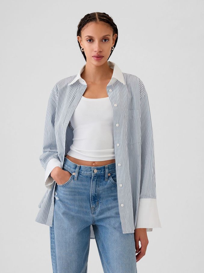 Blue Cotton Oversized Stripe Shirt (E66071) | £27