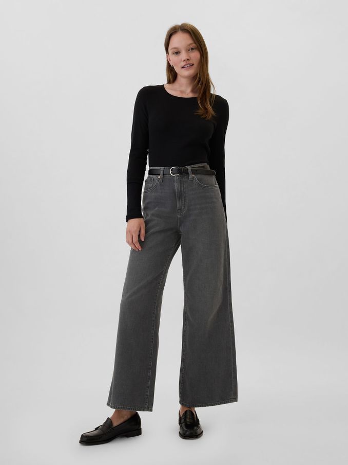 Black Wash Cotton High Waisted Wide Leg Jeans (E66083) | £45