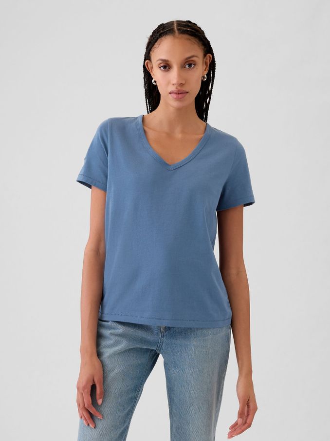 Blue V-Neck Vintage 100% Organic Cotton Short Sleeve T-Shirt (E66086) | £9