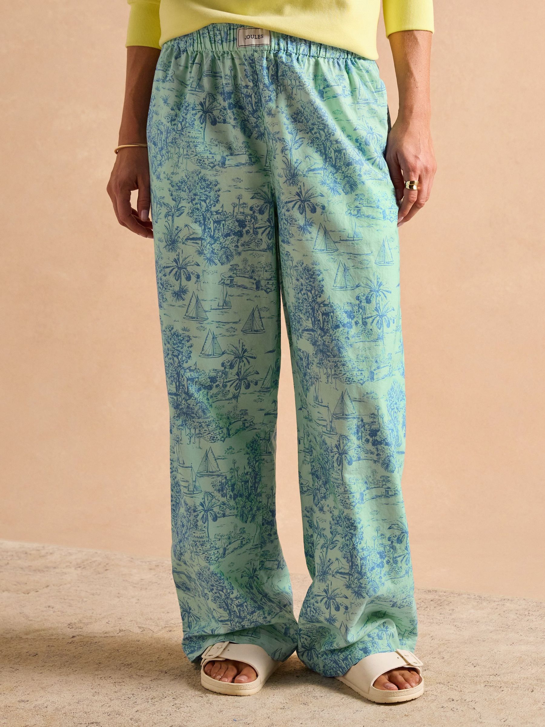 Hallie Green Toile de Jouy Pull-On Cotton Trousers