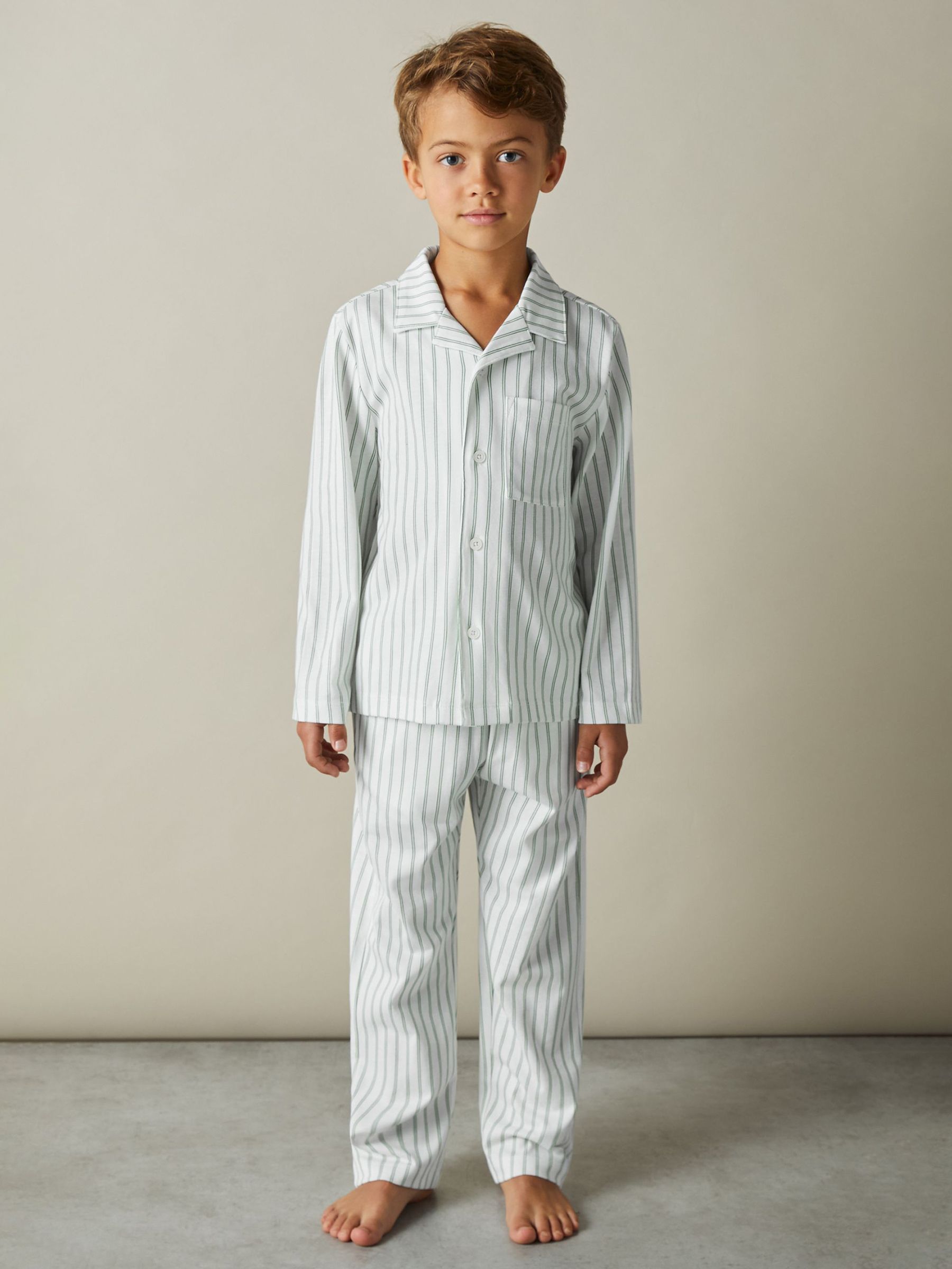 3-9 yrs Brushed-Cotton Striped Pyjama Set in Sage Green/White Stripe (E67988) | £15