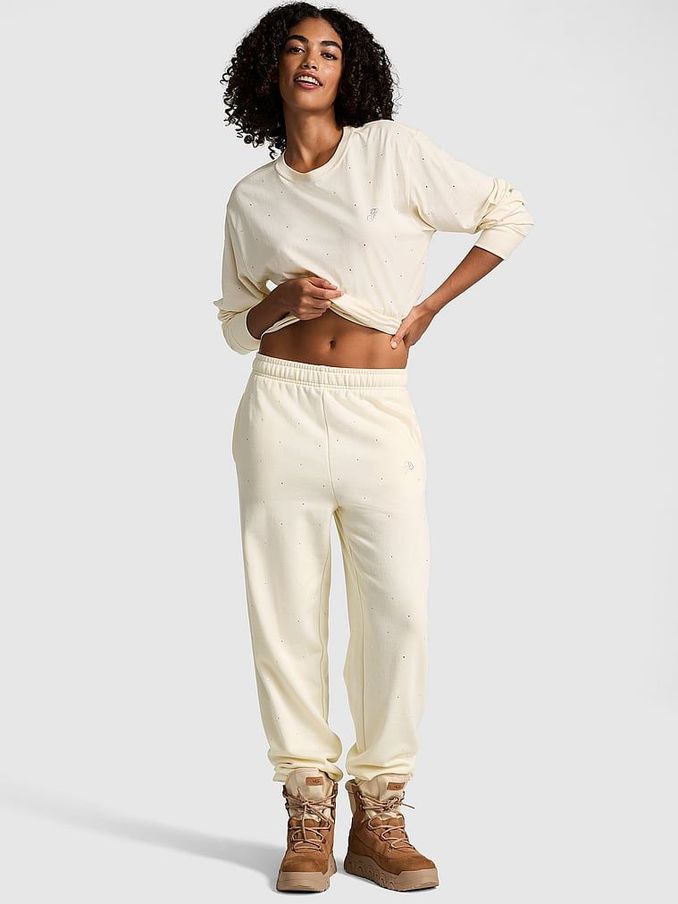 White Shell Cuffed Diamante Fleece Joggers (E68233) | £45