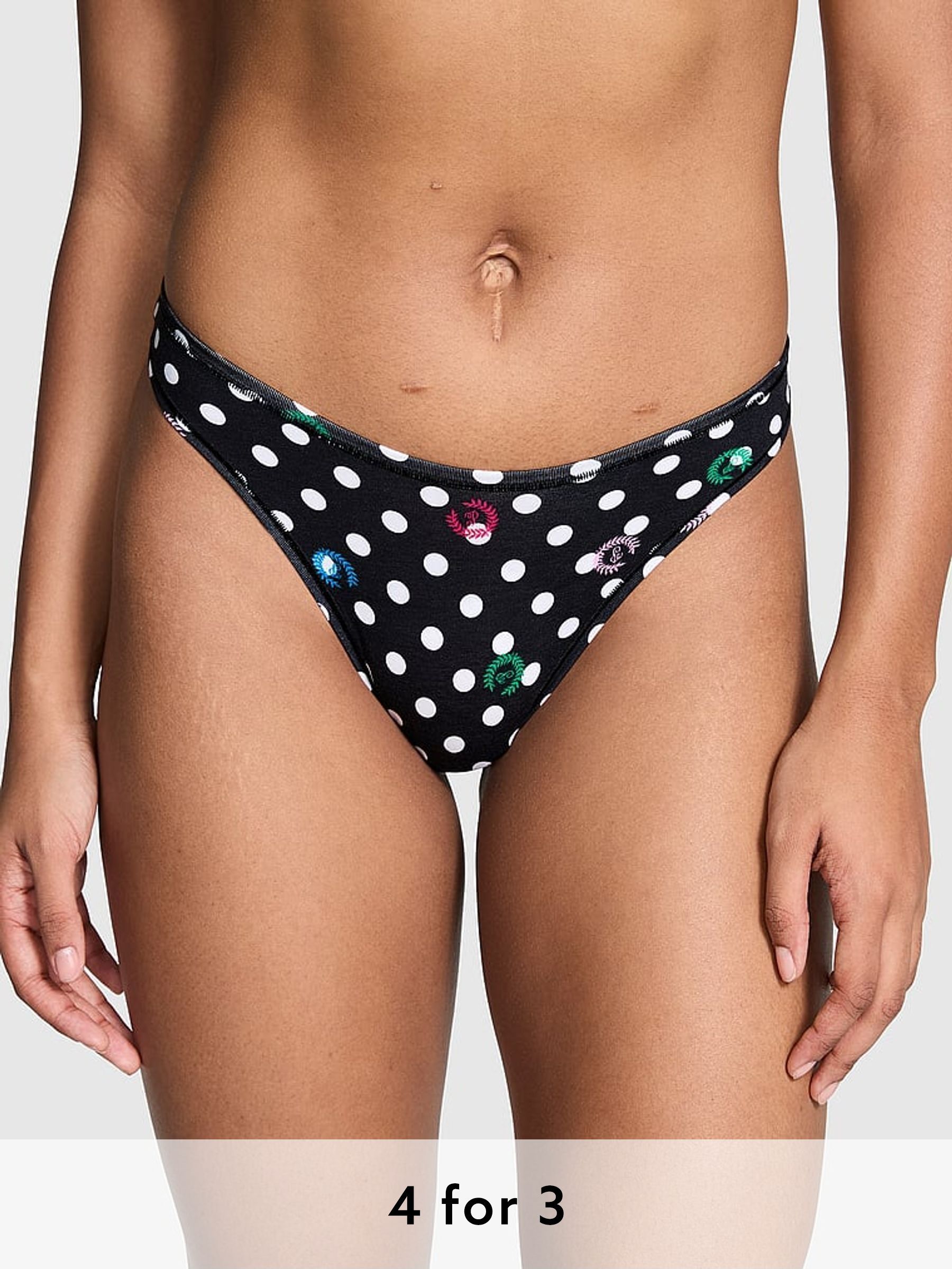 Pure Black Dot Print Thong Cotton Knickers (E68285) | £9