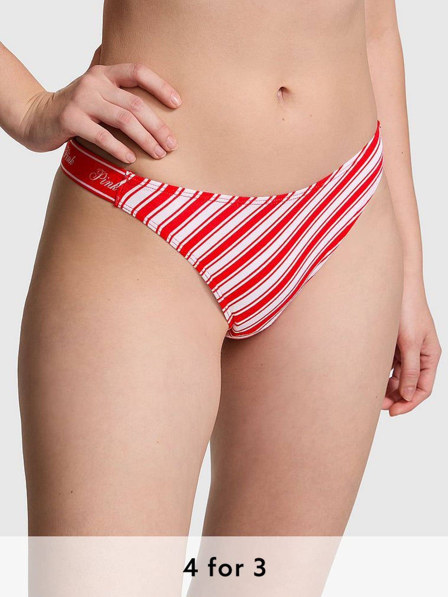 Vermillion Red Stripe Thong Cotton Logo Knickers (E68289) | £9