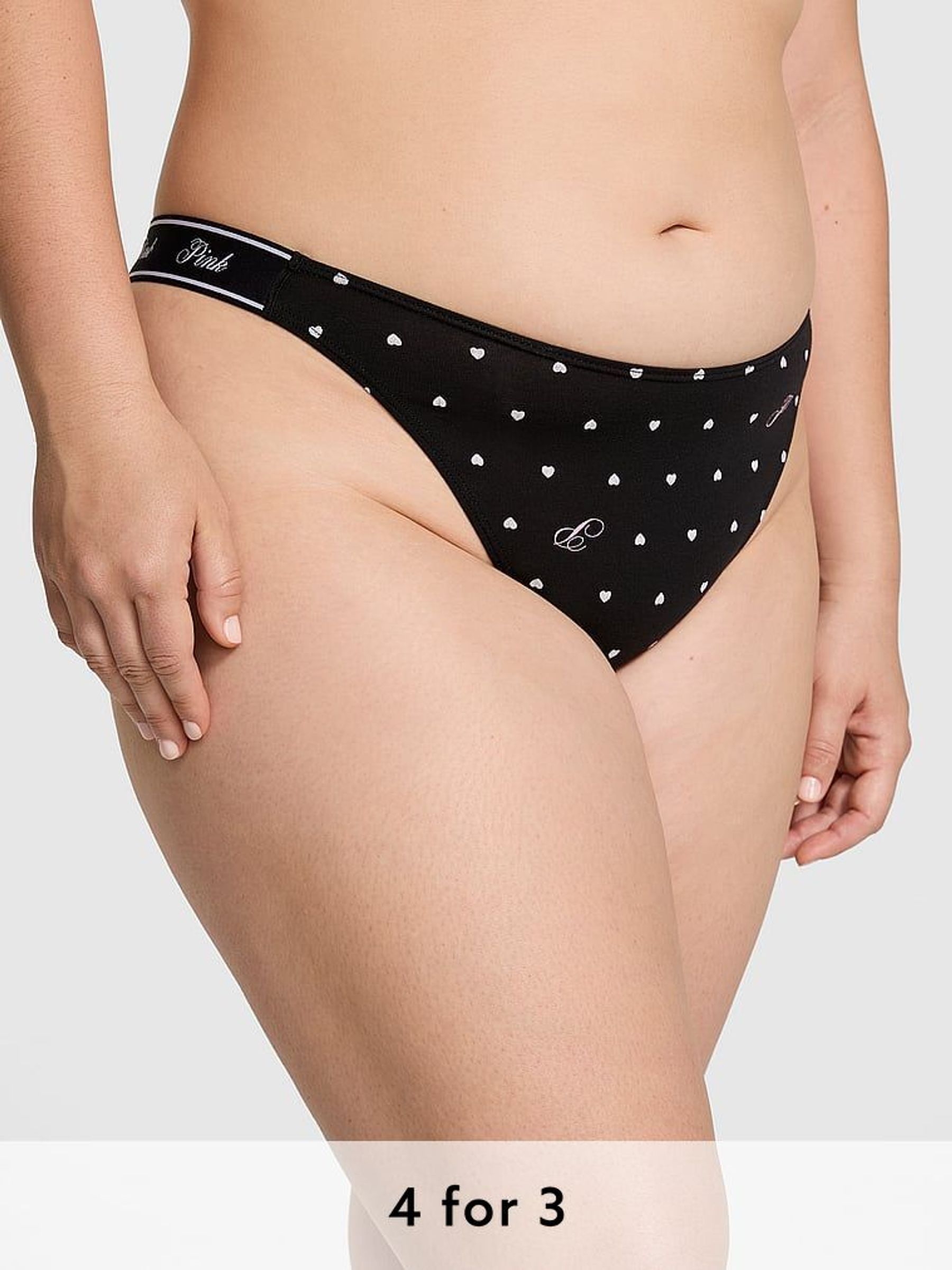 Pure Black Heart Print Thong Cotton Logo Knickers (E68305) | £9