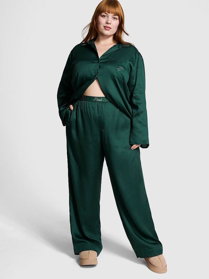 Deep Forest Green Diamante Long Pyjama Set (E68555) | £59
