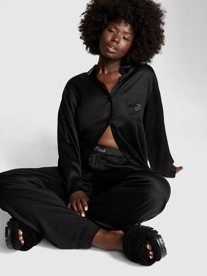 Black Diamante Long Pyjama Set (E68559) | £59