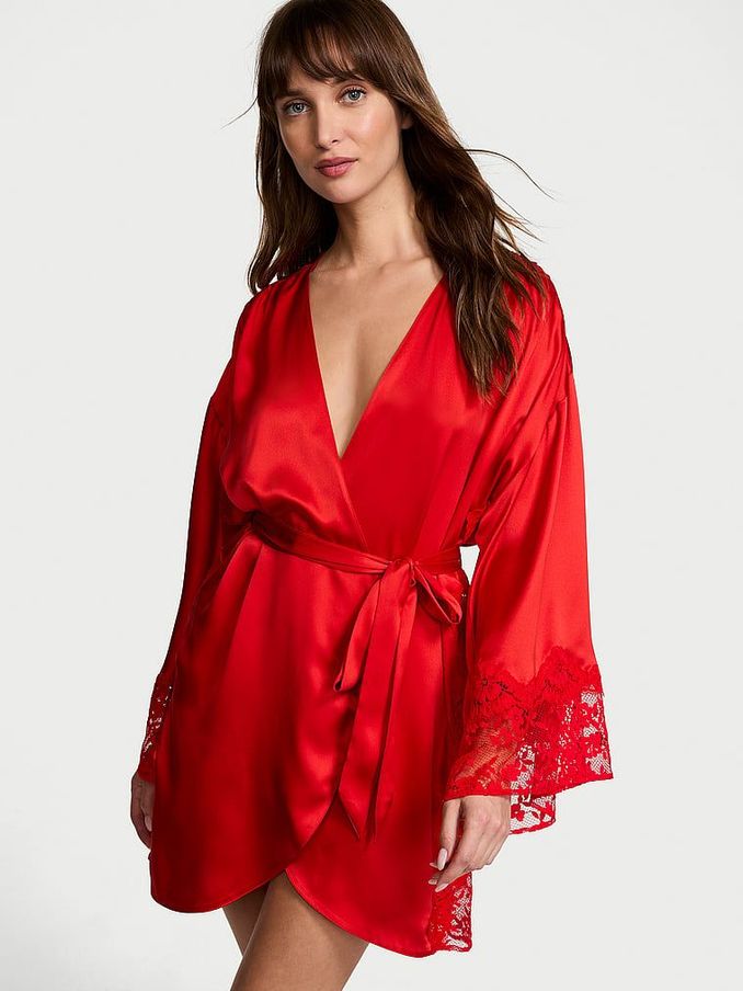 Vermillion Red Satin Lace Trim Robe (E68569) | £69