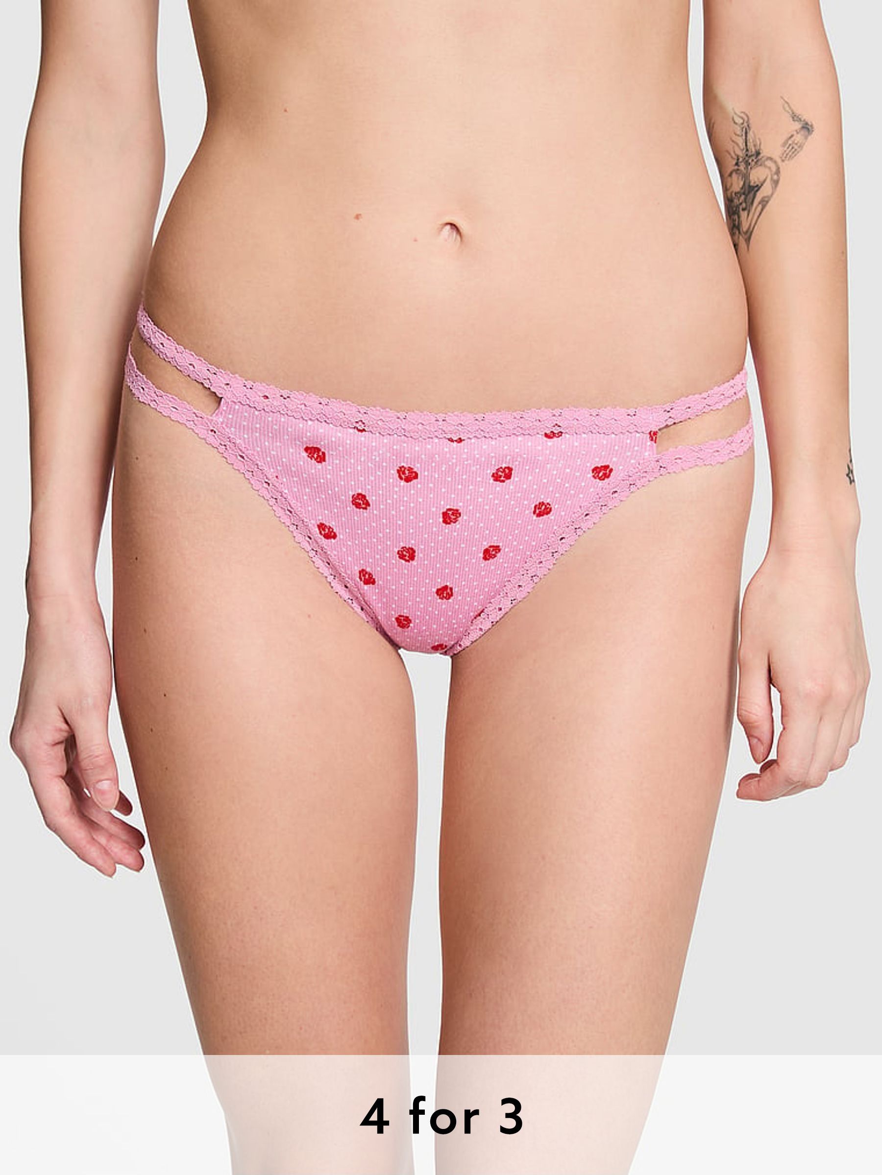 Moonstone Pink Floral Print Lace Trim Rib Strappy Thong Knickers (E68570) | £9