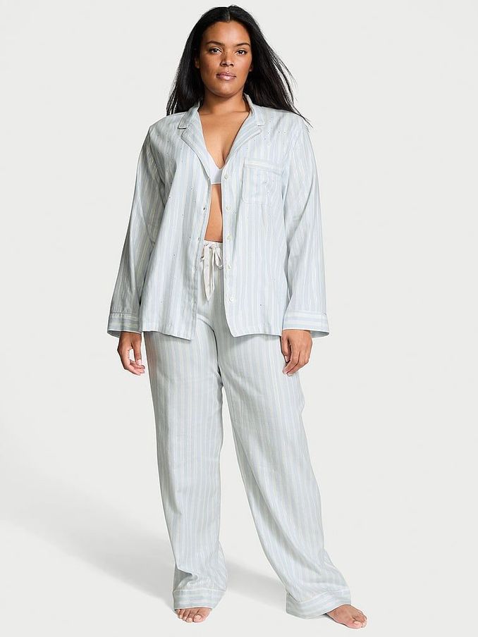 Soft Sky Stripe Blue Flannel Long Pyjama Set (E68592) | £29