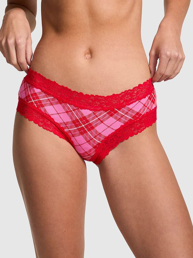 Pink Rose Plaid Lace Trim Rib Cheeky Knickers (E68648) | £4