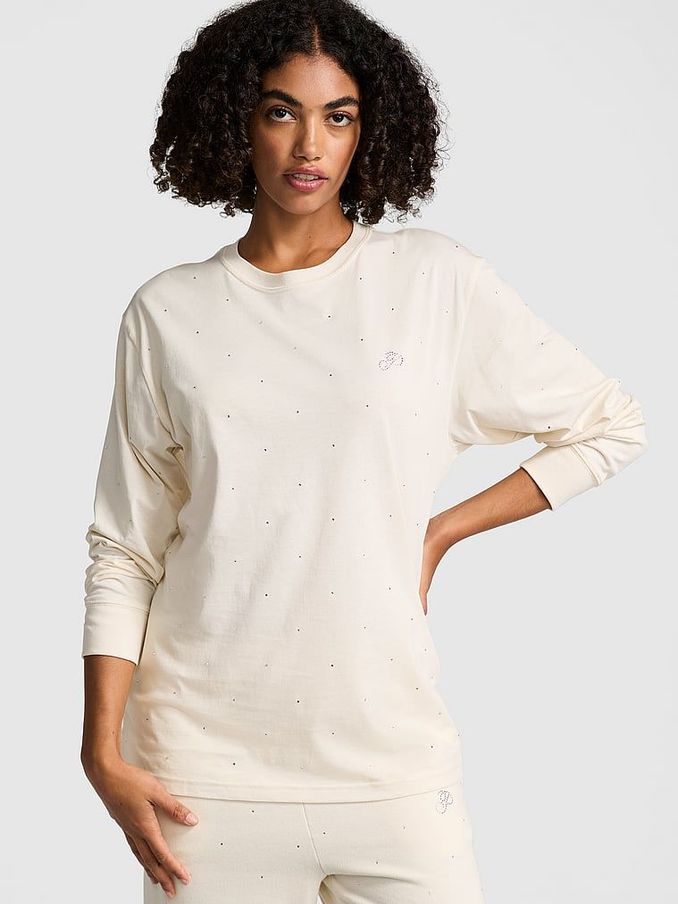 White Shell Long Sleeve Diamante Oversized T-Shirt (E68905) | £20