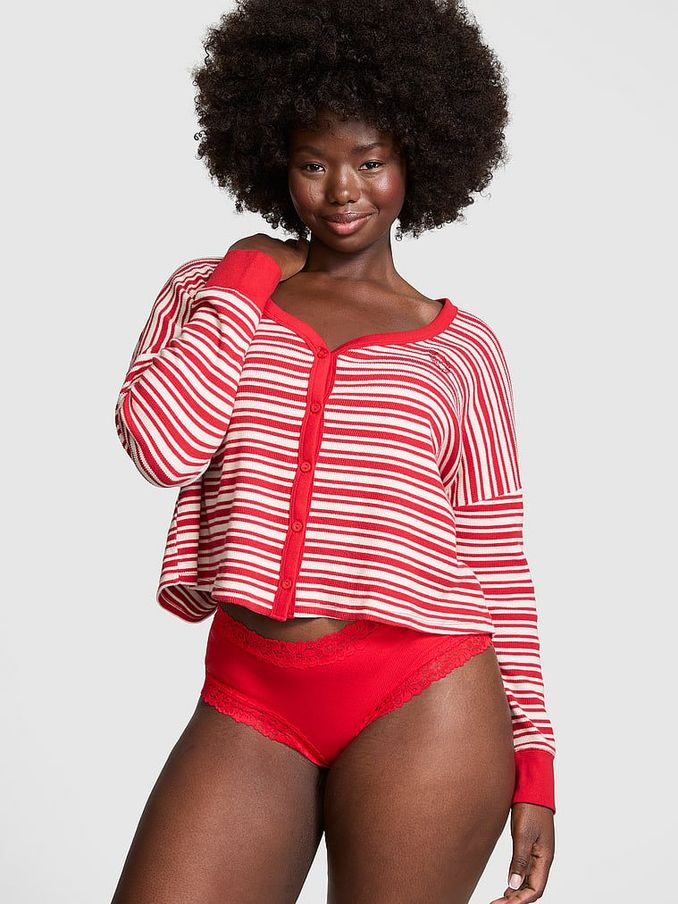 Vermillion Red Stripes Thermal Cropped Cardigan Pyjama Top (E68932) | £14