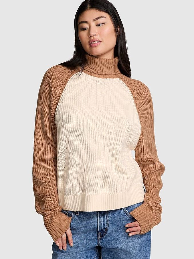White Shell / Toffee Brown Turtleneck Knitted Jumper (E68941) | £49