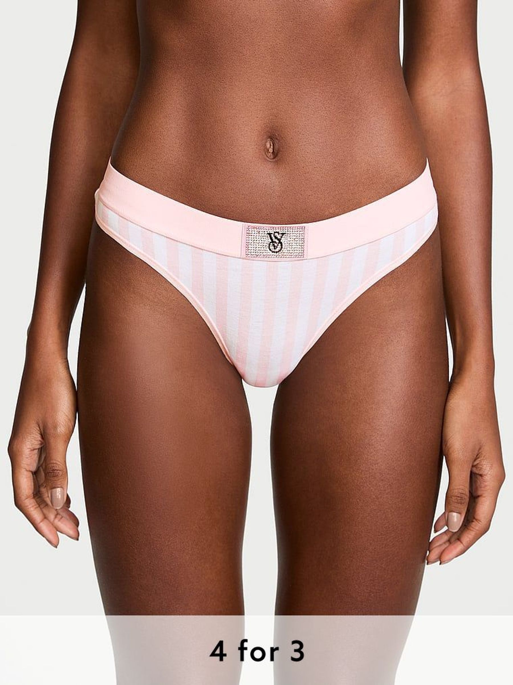 Pretty Blossom Pink Stripe Thong Logo Shine Patch Knickers (E68946) | £9