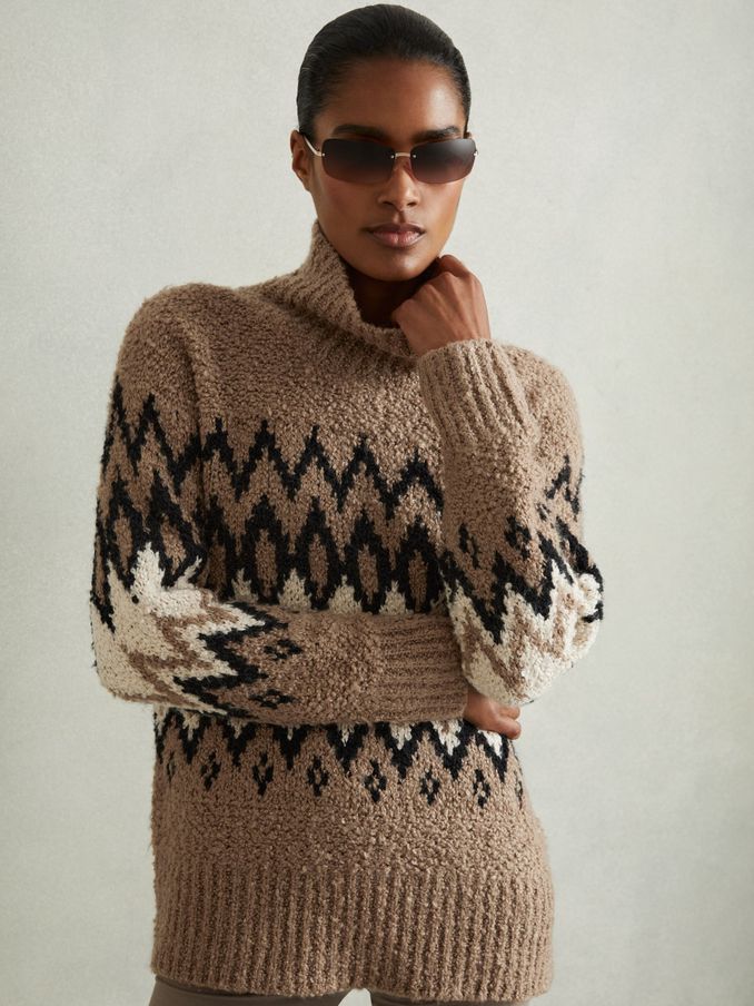 Chunky Fairisle Pattern Knit Funnel Neck Jumper in Brown (E70173) | £58
