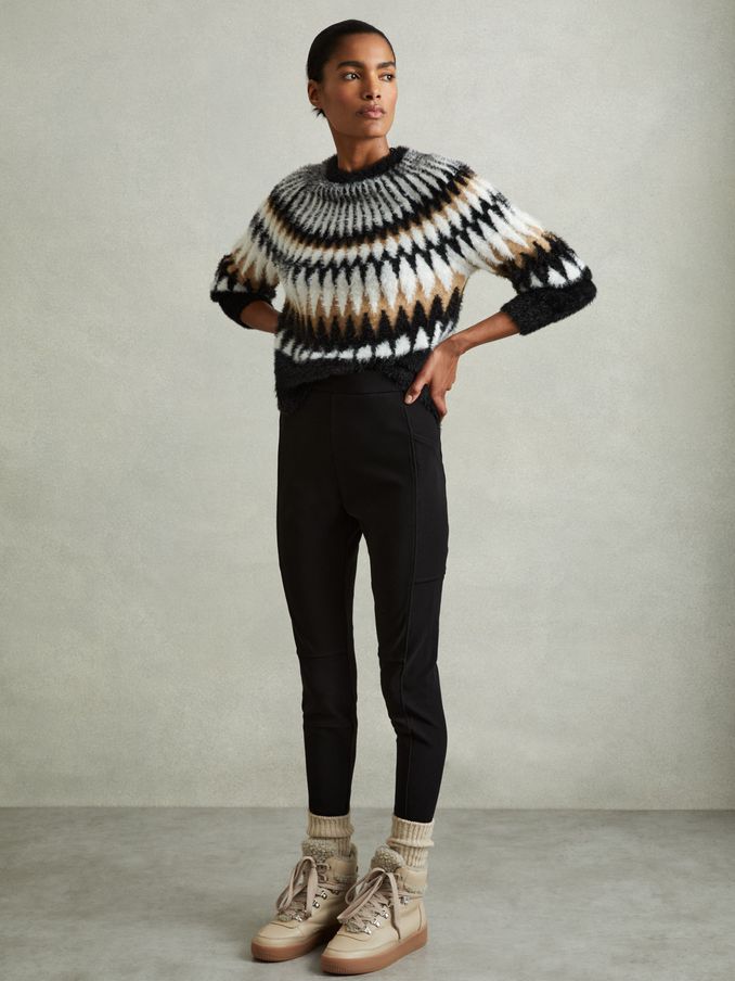 Fuzzy Fairisle Pattern Crew Neck Jumper in Black/Camel (E70176) | £47