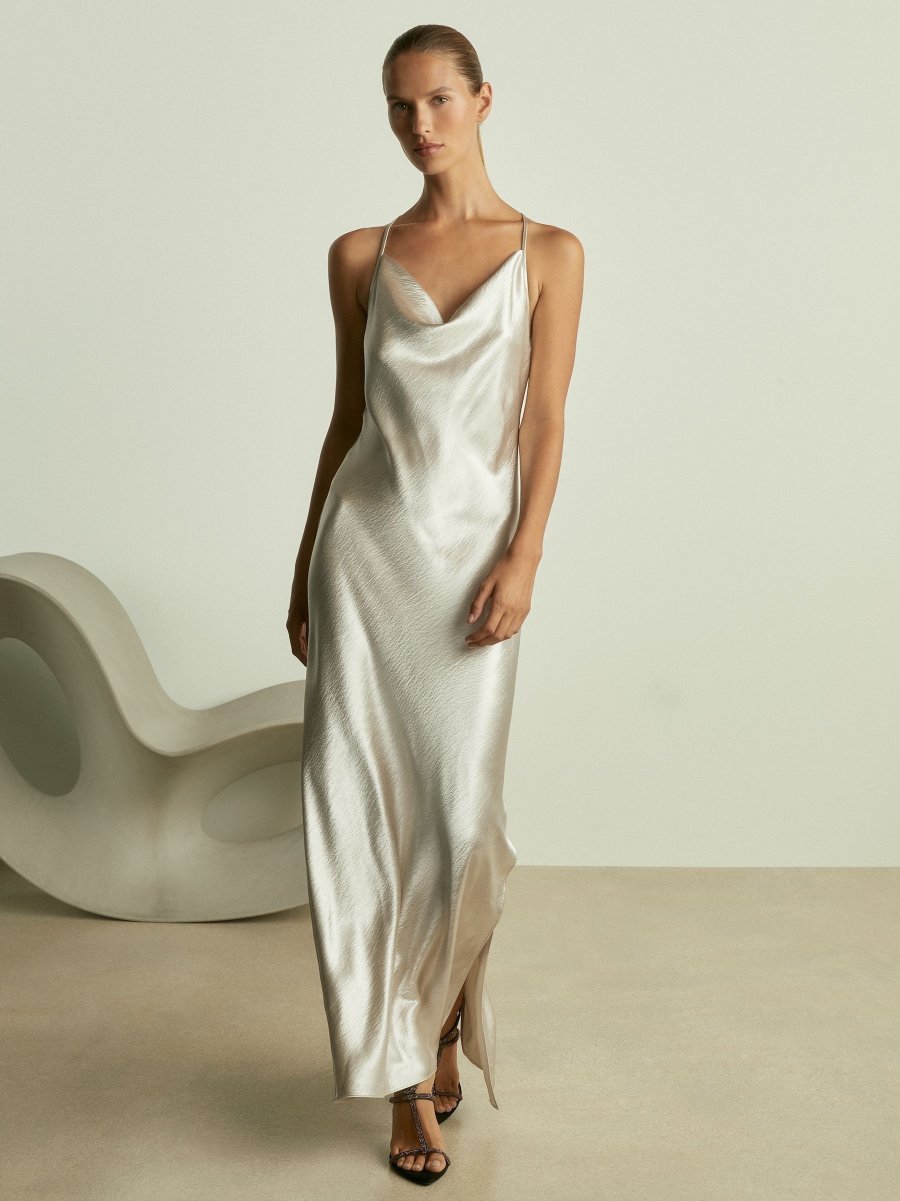 Cowl-Neck Hammered-Satin Slip Dress in Silver (E70180) | £58
