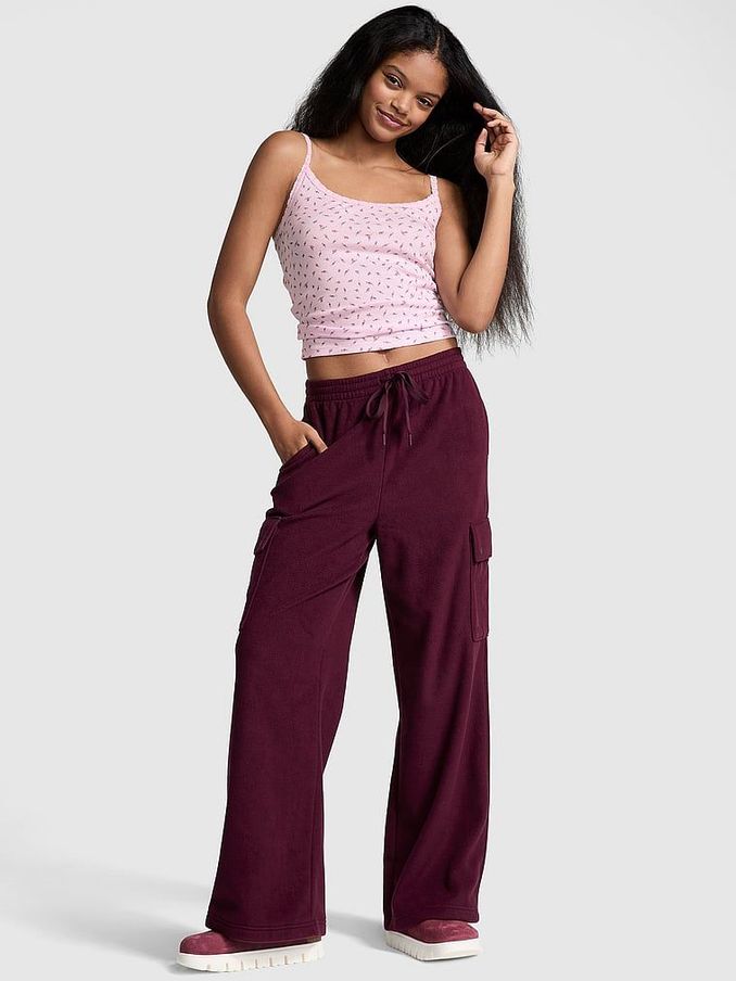 Purple Rose Fleece Wide Leg Cargo Joggers (E70365) | £22