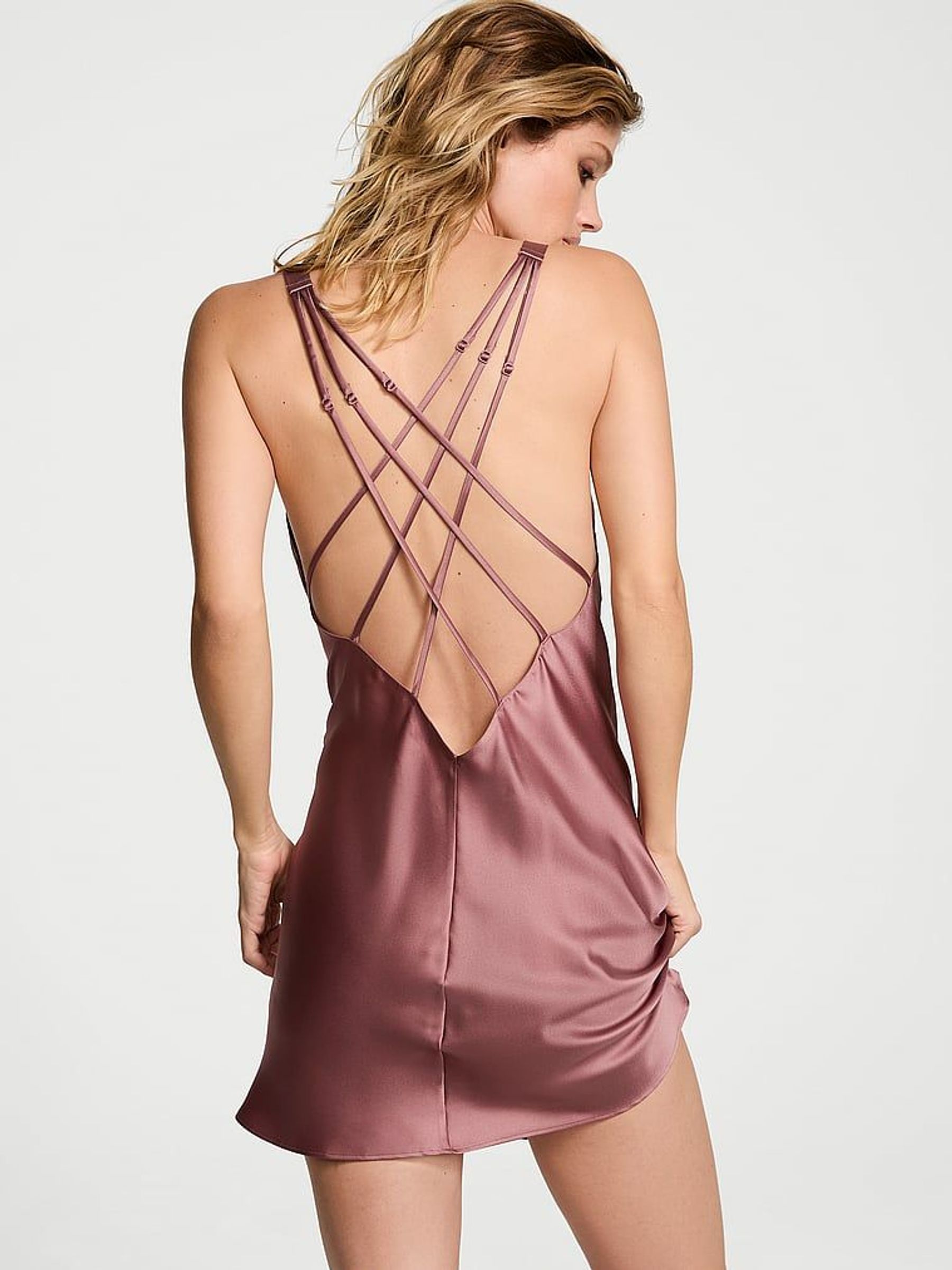Vintage Rose Pink Shine Strappy Back Satin Slip Dress (E70373) | £69