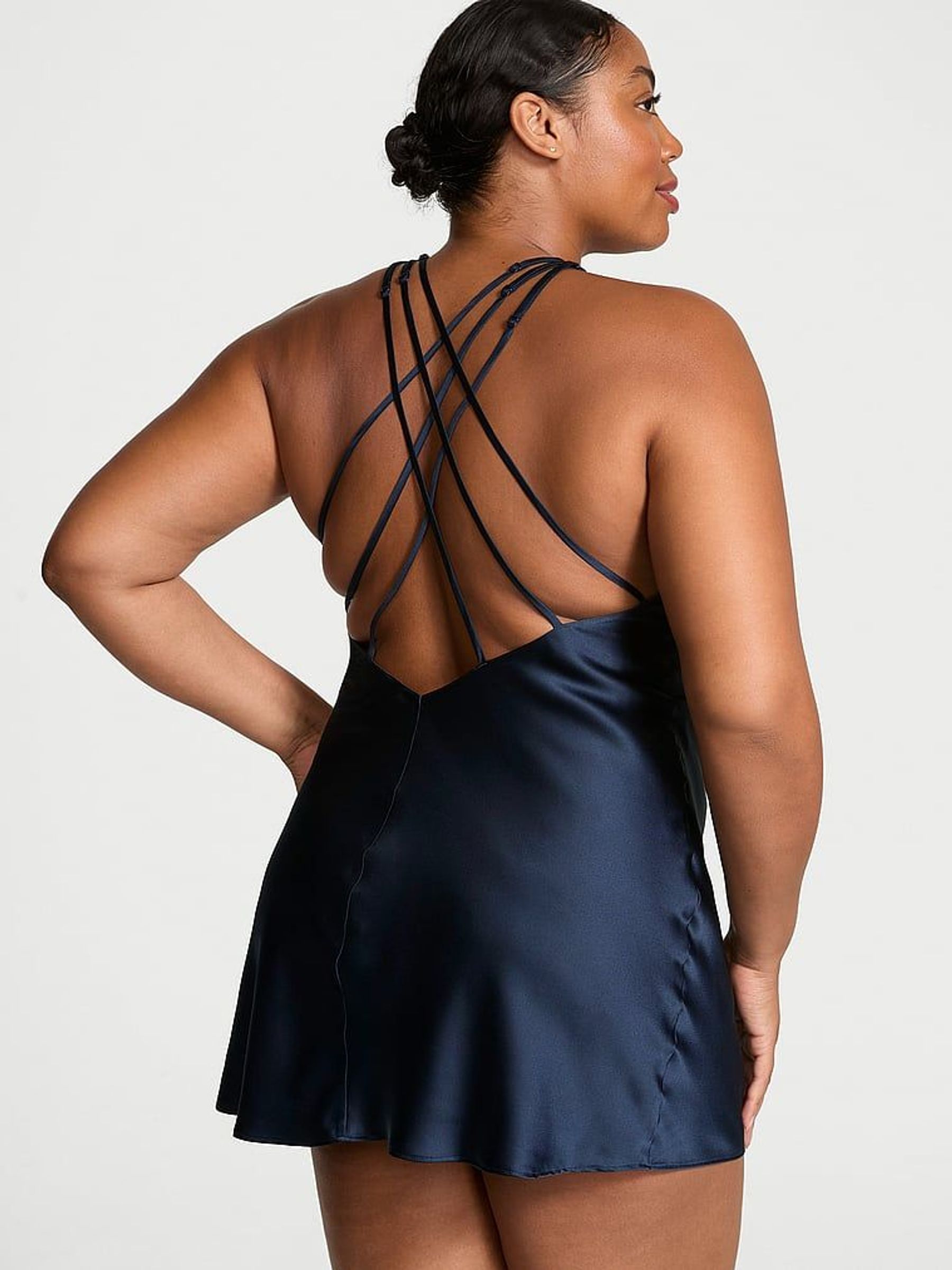 Dark Twilight Blue Shine Strappy Back Satin Slip Dress (E70397) | £69