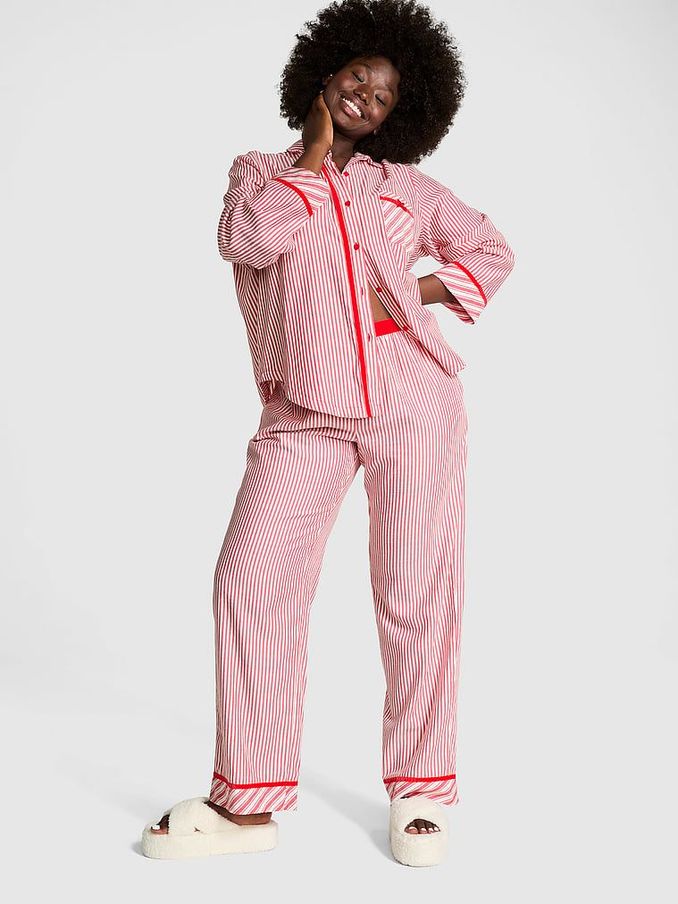 Vermillion Red Stripes Flannel Long Pyjama Set (E72010) | £29